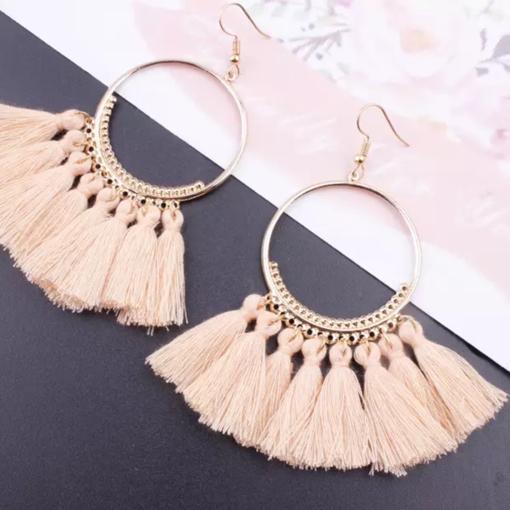 Boho Light Pink, Gold Fringe Tassel Hoop Earrings